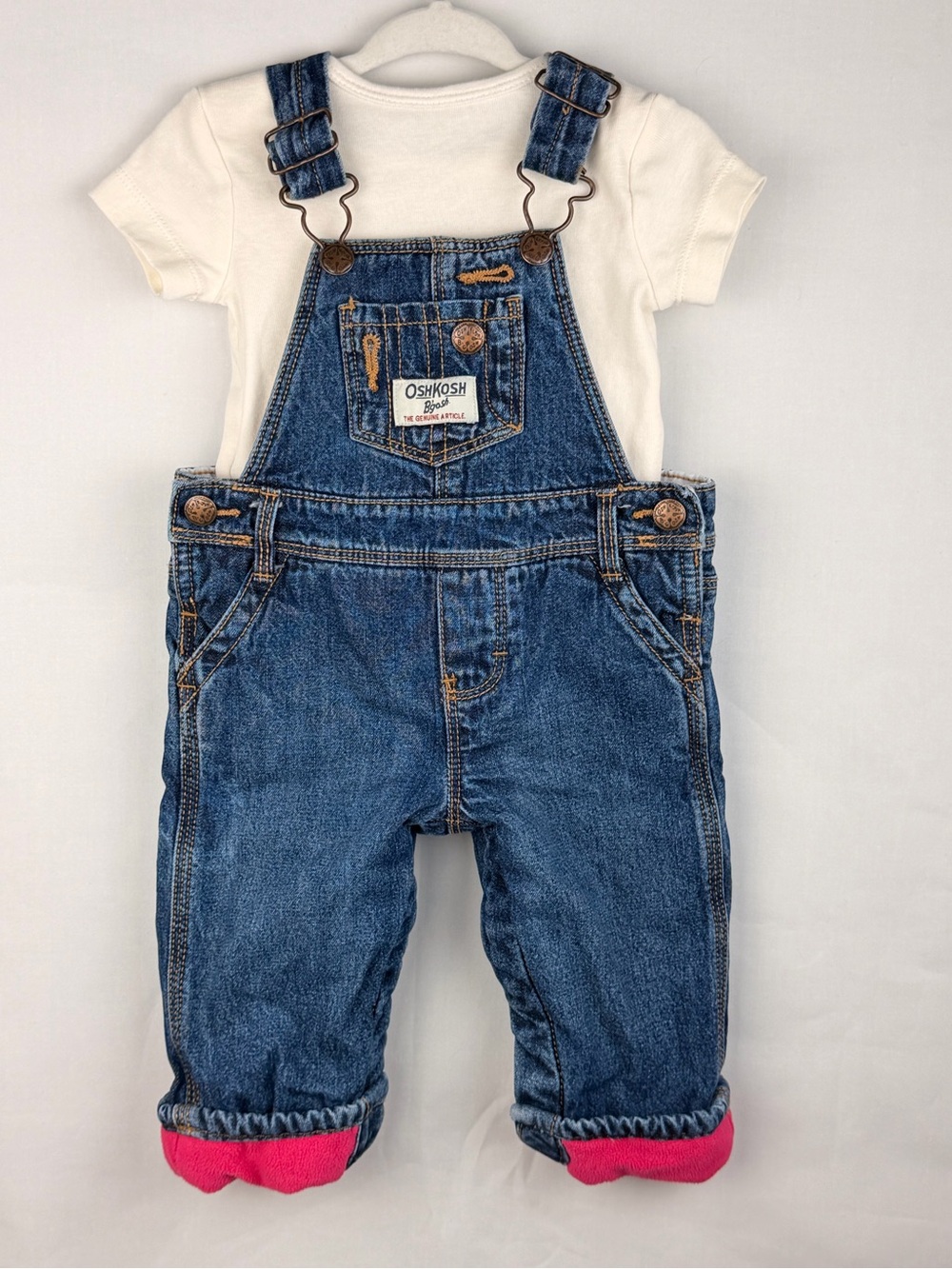 OshKosh B'gosh Blue Denim Overalls with Pink Cuff Detail 6 months